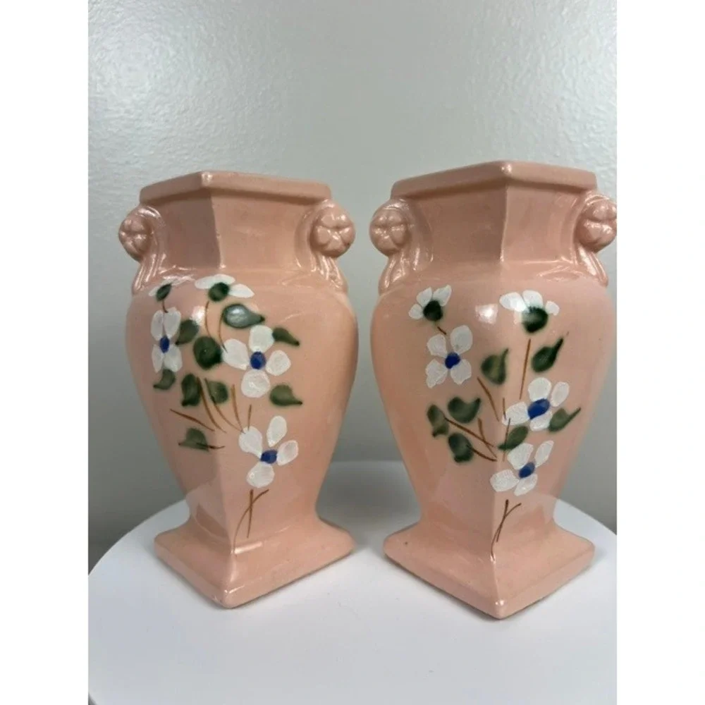 Vintage RRP Co Roseville Ohio Pink Dogwood Floral Miniature Urn Vases Set of 2